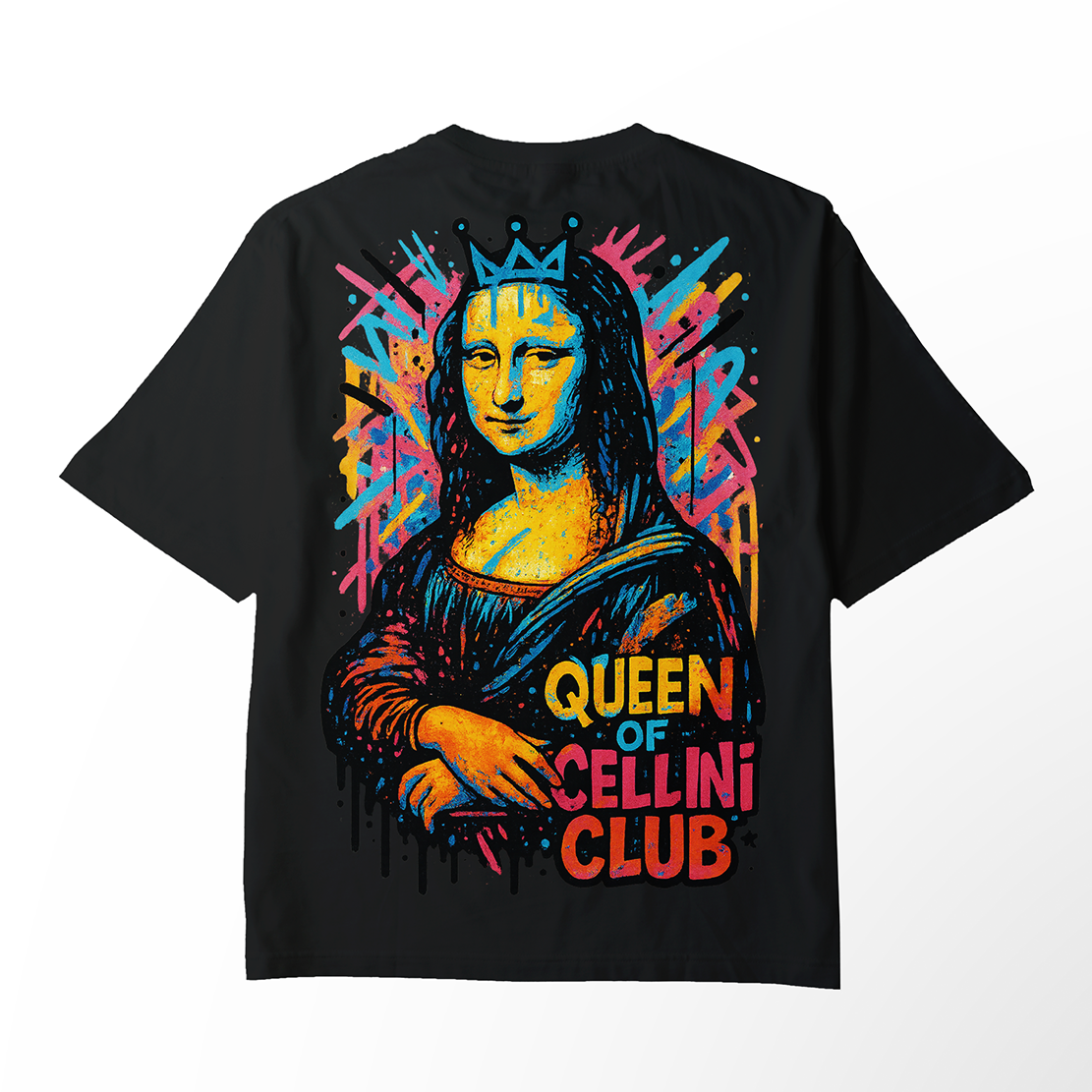 T-shirt oversize noir "QUEEN OF CELLINI CLUB" – Mona Lisa street pop-art