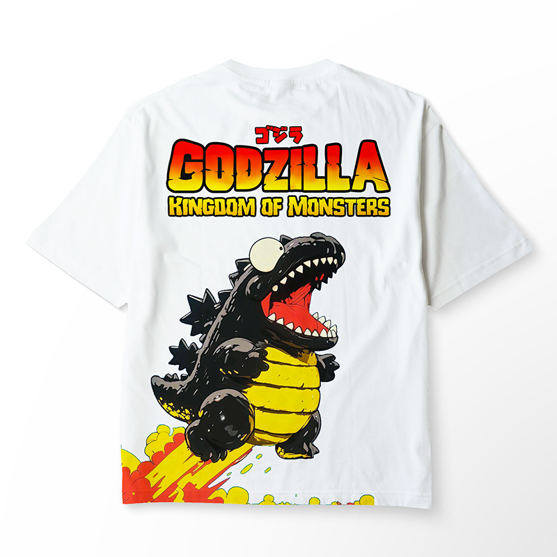 T-shirt oversize Godzilla "Kingdom of Monsters", blanc, impression manga au dos, coton biologique ultra doux.