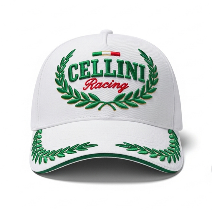 Casquette blanche "Cellini Racing" avec broderie verte et rouge, logo italien et couronne de laurier.