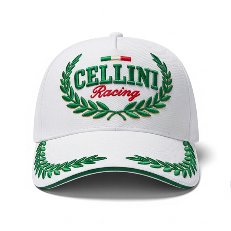Casquette blanche "Cellini Racing" avec broderie verte et rouge, logo italien et couronne de laurier.