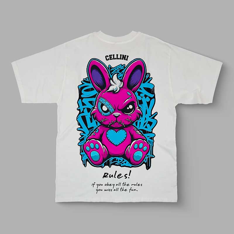 T-shirt oversize CELLINI avec imprimé lapin rebelle et graffiti.