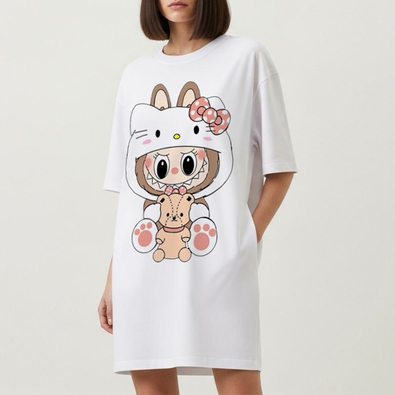 T-shirt oversize blanc "Labubu Kawaii & Bunny"