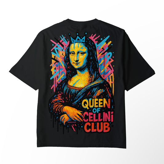 T-shirt oversize noir "QUEEN OF CELLINI CLUB" – Mona Lisa street pop-art